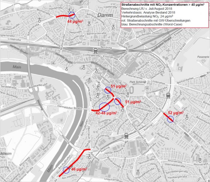 Stadtplan zeigt Straßenabschnitte mit erhöhten Stickstoffdioxidwerten