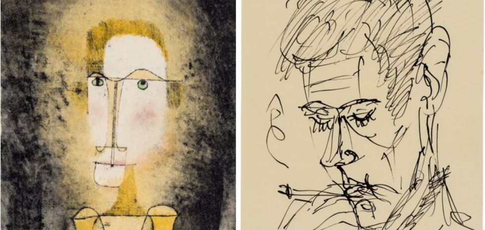 Ausschnitte aus: Ernst Ludwig Kirchner, Rauchend (Selbstporträt), Tuschezeichnung, 1915, Privatsammlung & Paul Klee, Bildnis eines Gelben, Farb-Pochoir, 1921, Sammlung Joachim Haas
