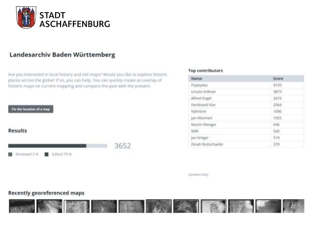 Historische Kartenüberlieferung in Archiven
Danke für die Aufmerksamkeit!
joachim.kemper@aschaffenburg.de
 