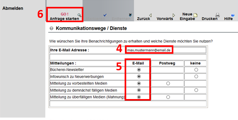 Screenshot vom Bibliothekskonto, rot umrandet ist das Feld mit der E-Mail Adresse, die ausgefüllten Punkte unter E-Mail und der Button Go: Anfrage starten