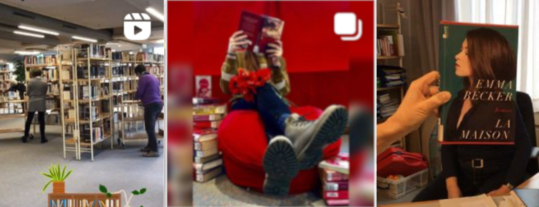 Screenshots aus Instagram: Bookface, Mitarbeiterinnen am Regal, lesende Frau