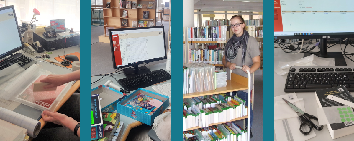 Collage mit verschiedenen Ausbildungssituationen: Buchbearbeitung, Spielekatalogisierung, Bücher einstellen
