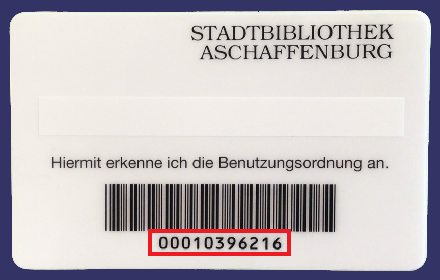 Rückseite des Benuzterausweises der Stadtbibliothek mit Barcode und rot markierter Benutzerausweisnummer