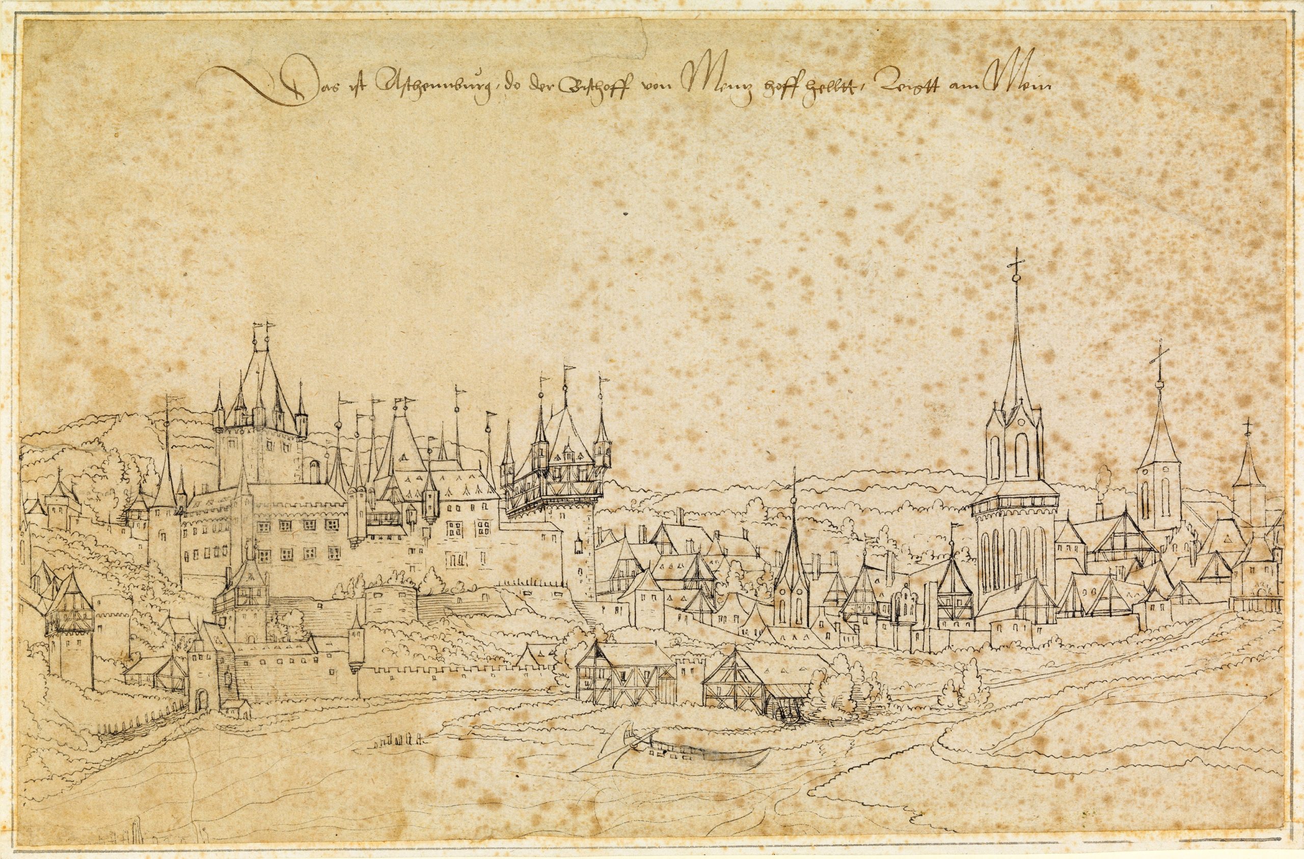 © Veit Hirsvogel d. J., Aschaffenburg mit altem Schloss, Federzeichnung, um 1540. Staatsbibliothek Bamberg, IP 99, Foto: Gerald Raab