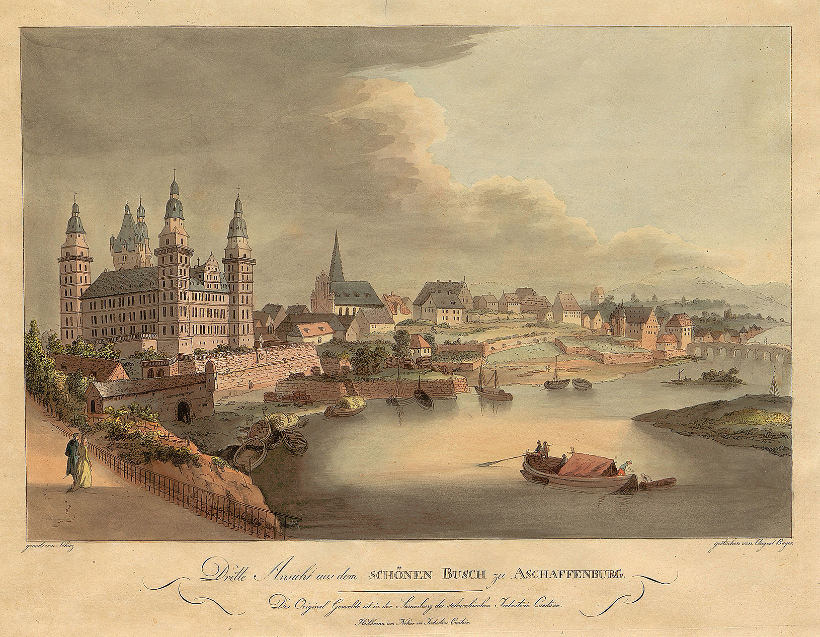 © A. Bayer nach einem Gemälde von C. G. Schüz, Schloss und Stadt Aschaffenburg, Kupferstich koloriert, um 1795. Stadt- und Stiftsarchiv Aschaffenburg, Grafische Sammlung