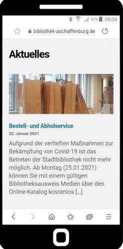 Screenshot der Seite „Aktuelles“ der Stadtbibliothek auf einem Smartphone