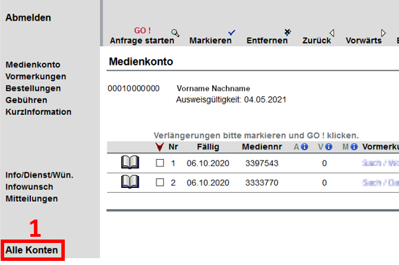 Screenshot vom Bibliothekskonto, rot umrandet ist der letzte Navigationspunkt: Alle Konten