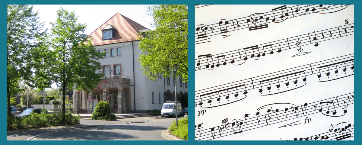 Collage auf der linken Seite Bild von der Musikschule auf der rechten Seite Noten
