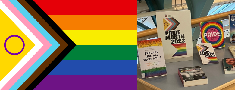 Regenbogenflagge und rechts Sachbücher zum Thema Pride Month