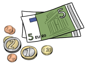 Zwei 5-Euro-Scheine und Euromünzen