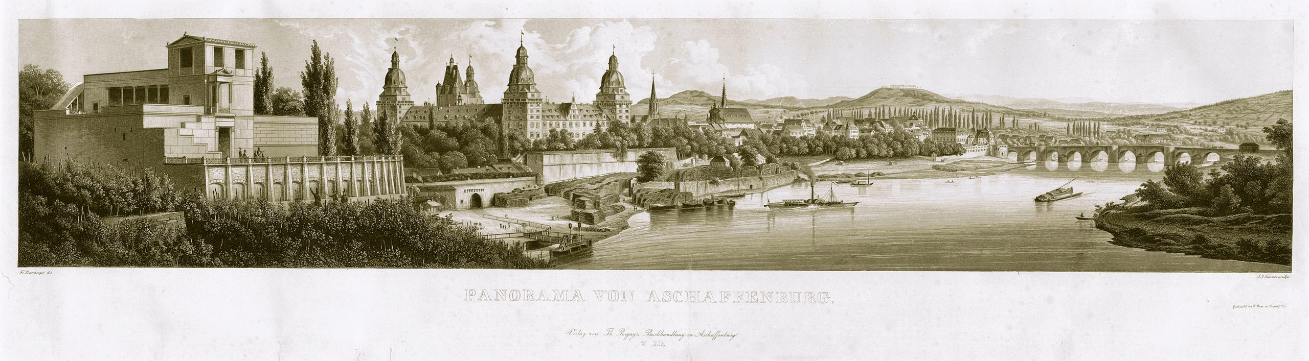 © F. Bamberger/J. J. Tanner, Panorama von Aschaffenburg, Stahlstich mit Aquatinta, um 1850. Stadt- und Stiftsarchiv Aschaffenburg, Grafische Sammlung
