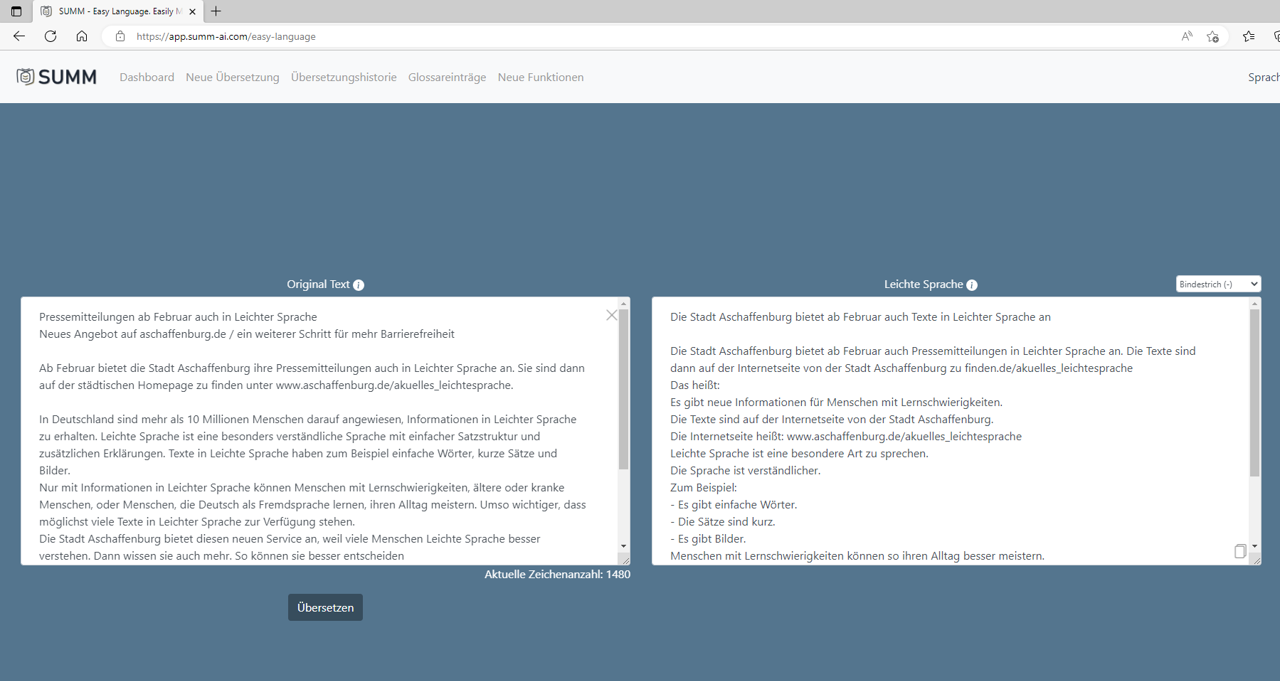 Website des Übersetzungs-Tools Summ, die zeigt wie Pressemitteilungen übersetzt werden