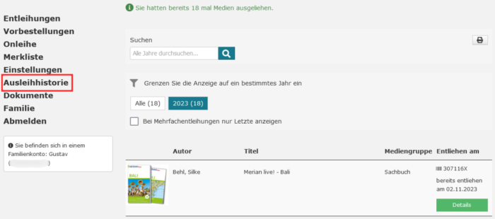 Screenshot vom Bibliothekskonto auf der linken Seite ist der Navigationspunkt Ausleihhistorie markiert.