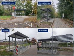 Fotocollage mit 4 Bildern von Fahrradabstellanlagen an verschiedenen Bahnhaltestellen