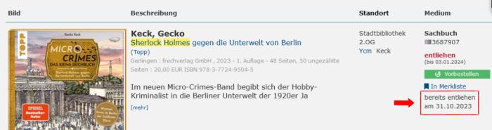 Screenshot Mediensuche unten rechts markiert ist die Info, dass der Titel bereits ausgeliehen wurde