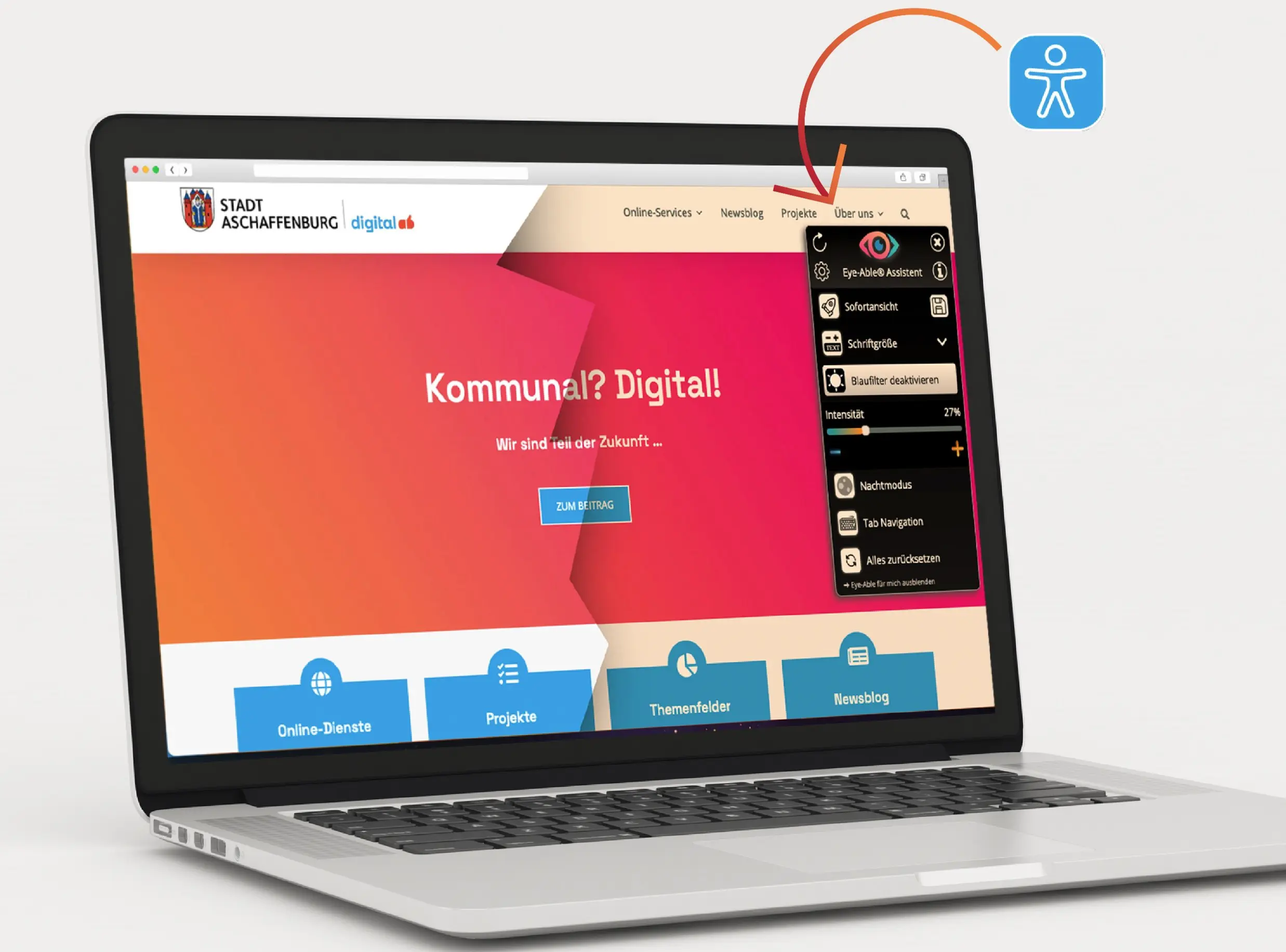 Ein aufgeklappter Laptop zeigt die Startseite von digital.aschaffenburg. Darauf sieht man den Unterschied der normalen Darstellung und mit Eye-Able.