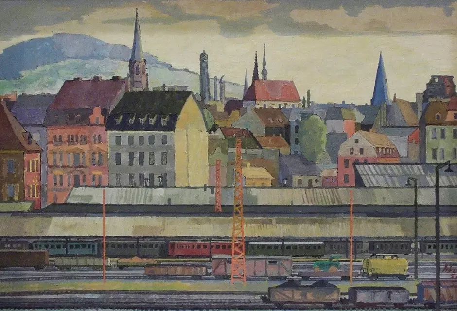 Willibald Blum, Ansicht des Aschaffenburger Bahnhofs, 1957, Öl/Sperrholz, 75 x 115 cm
