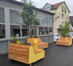  Holzbänke mit Bäumen und Planzen