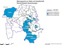 Karte vom Landkreis Aschaffenburg mit Kennzeichnung der Gemeinden, die sich für das Bildungszentrum beworben haben (Genaue Beschreibung in Bildunterschrift).