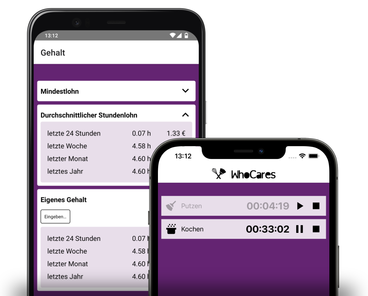 Ein iPhone und ein Android-Telefon, auf denen jeweils die App WhoCares läuft