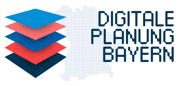 Im Hintergrund eine gerasterte Bayern-Karte. Im Vordergrund ein Stapel mit "digitalen Bauplänen", pixeliger Schriftzug: Digitale Planung Bayern - &copy; StMB