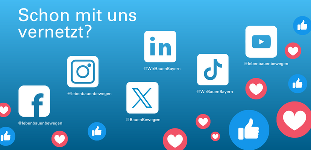 Die Social Media-Kanäle des StMB, dargestellt als Logos mit dem jeweiligen Kanalnamen Facebook, Instagram, X (ehemals Twitter), LinkedIn, TikTok und YouTube. Text: Schon mit uns vernetzt? - &copy; StMB
