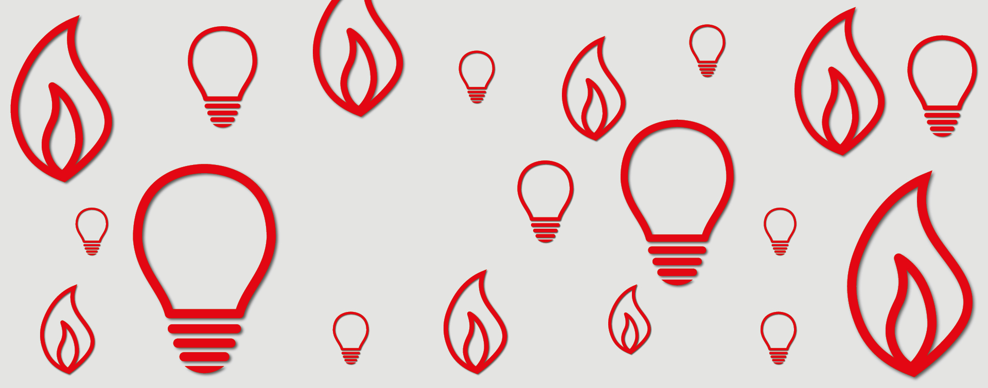 Grauer Hintergrund mit roten Icons einer Gl&uuml;hbirne und einer Gasflamme. 
